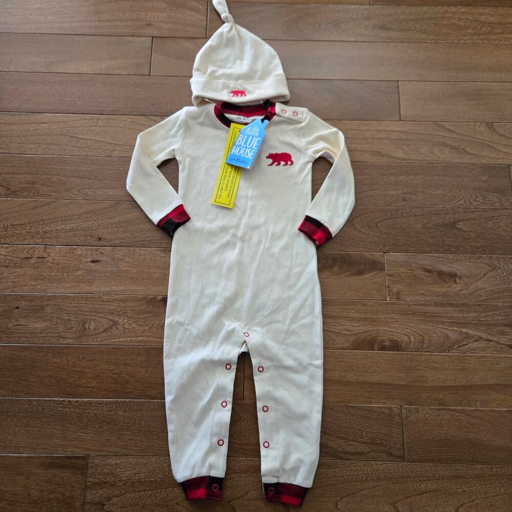 NWT Hatley Little Blue‎ House Bear Bum Pajama Set Hat Buffalo Plaid 18-24 Month